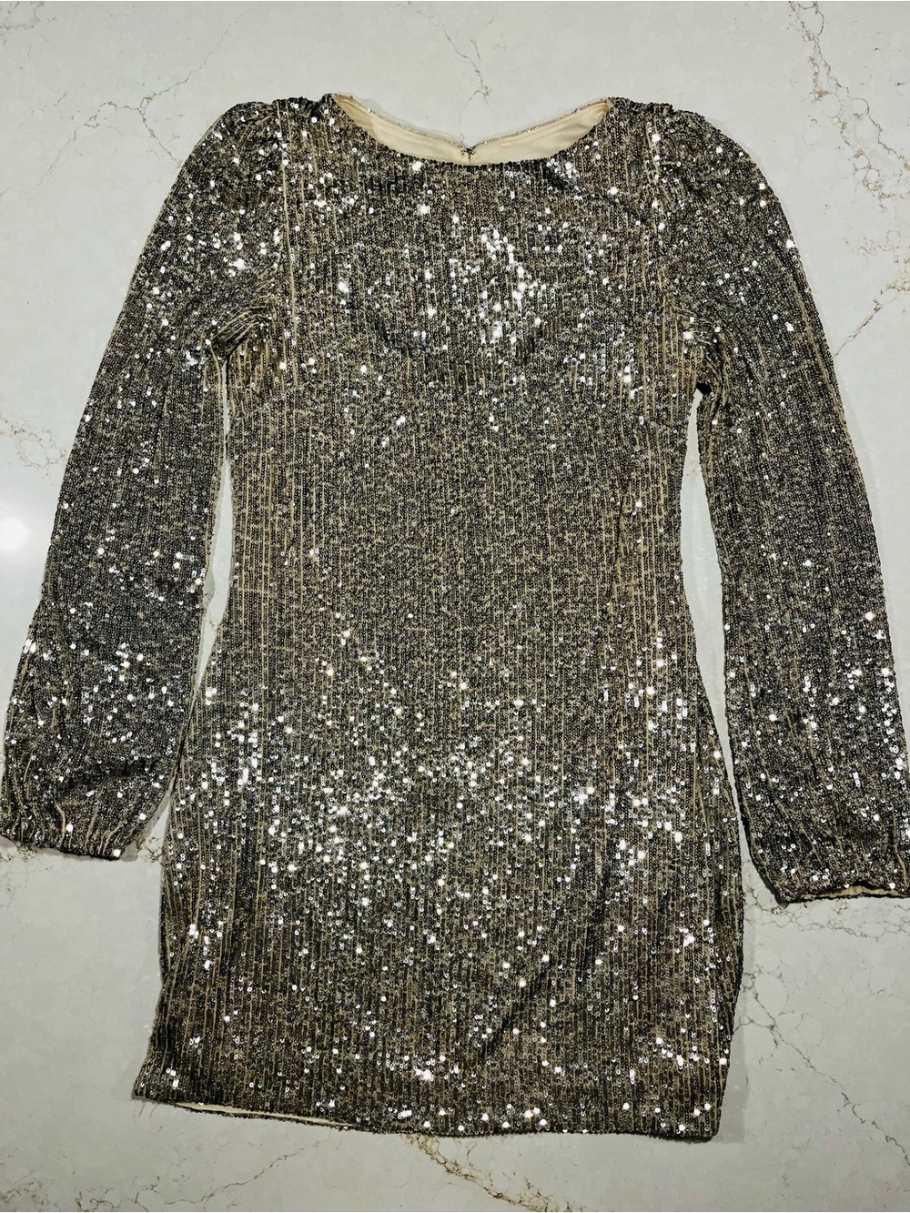 Aqua Champagne Gold Sequin Long-Sleeve Mini Dress